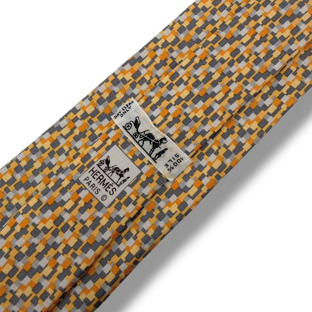 Hermes Silk Tie Mens OS Orange Grey Geometric Mosaic 5089 PA Made in France